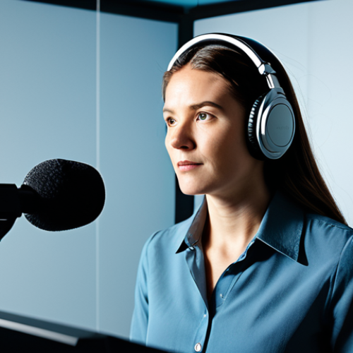 Home 15 A professional female voice actor, wearing modest business casual attire, stands in a modern soundproof recording booth. She is looking intently at a script displayed on a large monitor, with high-quality headphones over her ears and positioned in front of a professional studio microphone. The setting is clean and well-lit. Perfect anatomy, correct proportions, natural pose, well-formed hands, proper finger count, natural body proportions, fully clothed, modest clothing, appropriate attire, professional dress, safe for work, appropriate content, professional, family-friendly, high-quality detailed studio photography, realistic.