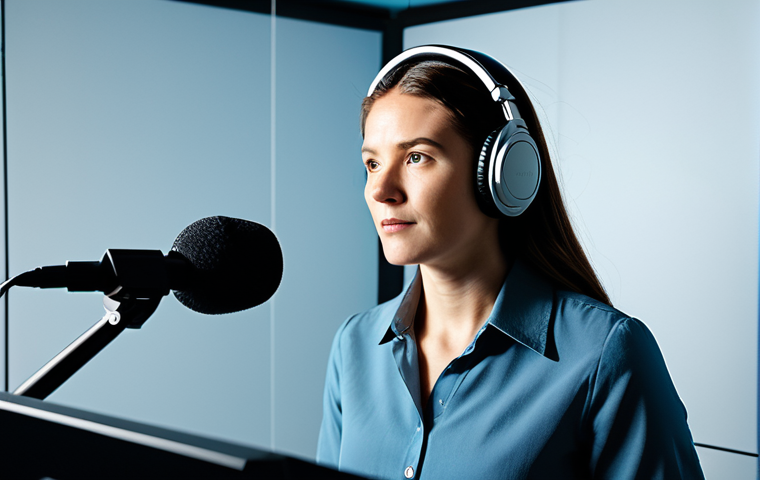 A professional female voice actor, wearing modest business casual attire, stands in a modern soundproof recording booth. She is looking intently at a script displayed on a large monitor, with high-quality headphones over her ears and positioned in front of a professional studio microphone. The setting is clean and well-lit. Perfect anatomy, correct proportions, natural pose, well-formed hands, proper finger count, natural body proportions, fully clothed, modest clothing, appropriate attire, professional dress, safe for work, appropriate content, professional, family-friendly, high-quality detailed studio photography, realistic.