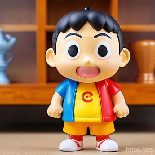 짱구가 그려진 굿즈와 상품화 현황 - **Prompt:** A highly detailed PVC collectible figure of Shin Chan, approximately 6 inches tall, capt...