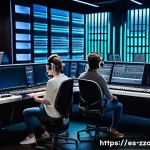 짱구 국내 방송사 더빙 히스토리 - A vibrant recording studio scene showing a diverse group of professional voice actors, including adu...