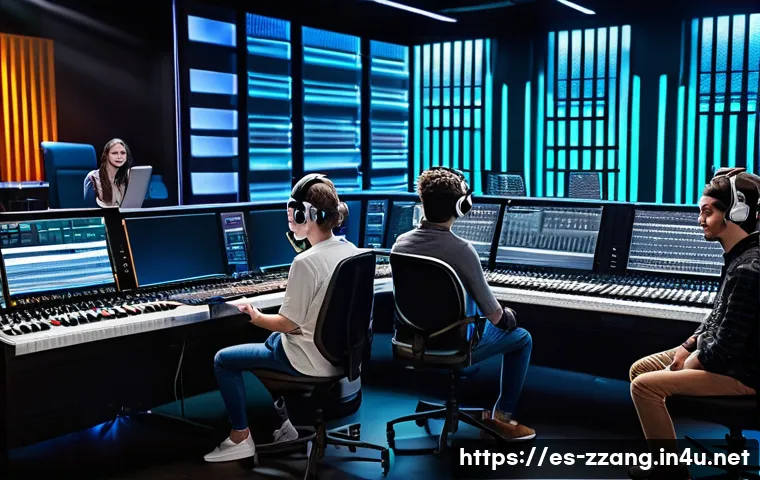 짱구 국내 방송사 더빙 히스토리 - A vibrant recording studio scene showing a diverse group of professional voice actors, including adu...