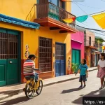 짱구 해외 수출 전략 - A lively scene depicting a family-friendly Shin Chan animation set in a colorful Mexican neighborhoo...