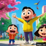 짱구 크로스오버 에피소드 - A vibrant scene showing Shin Chan interacting joyfully with a diverse group of animated characters f...