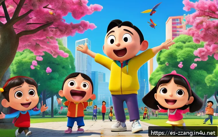짱구 크로스오버 에피소드 - A vibrant scene showing Shin Chan interacting joyfully with a diverse group of animated characters f...