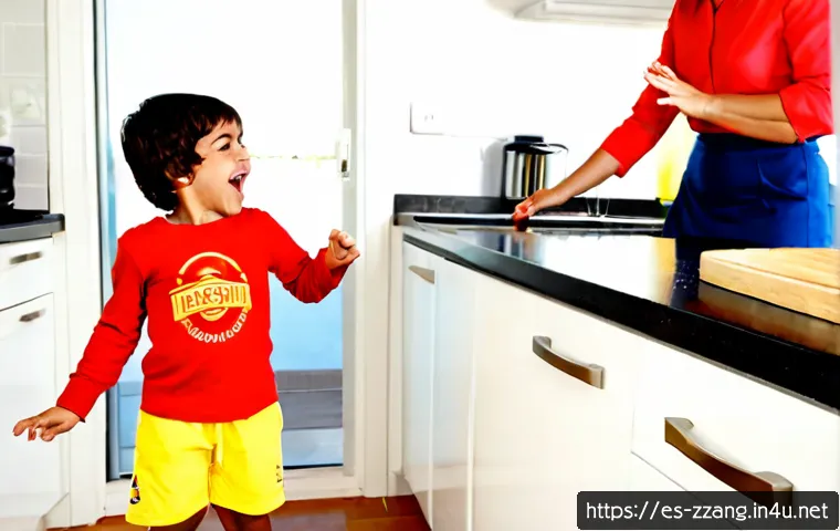 짱구와 관련된 밈과 유행어 - Photorealistic humorous family scene in a bright Spanish apartment kitchen, a mischievous five-year-...